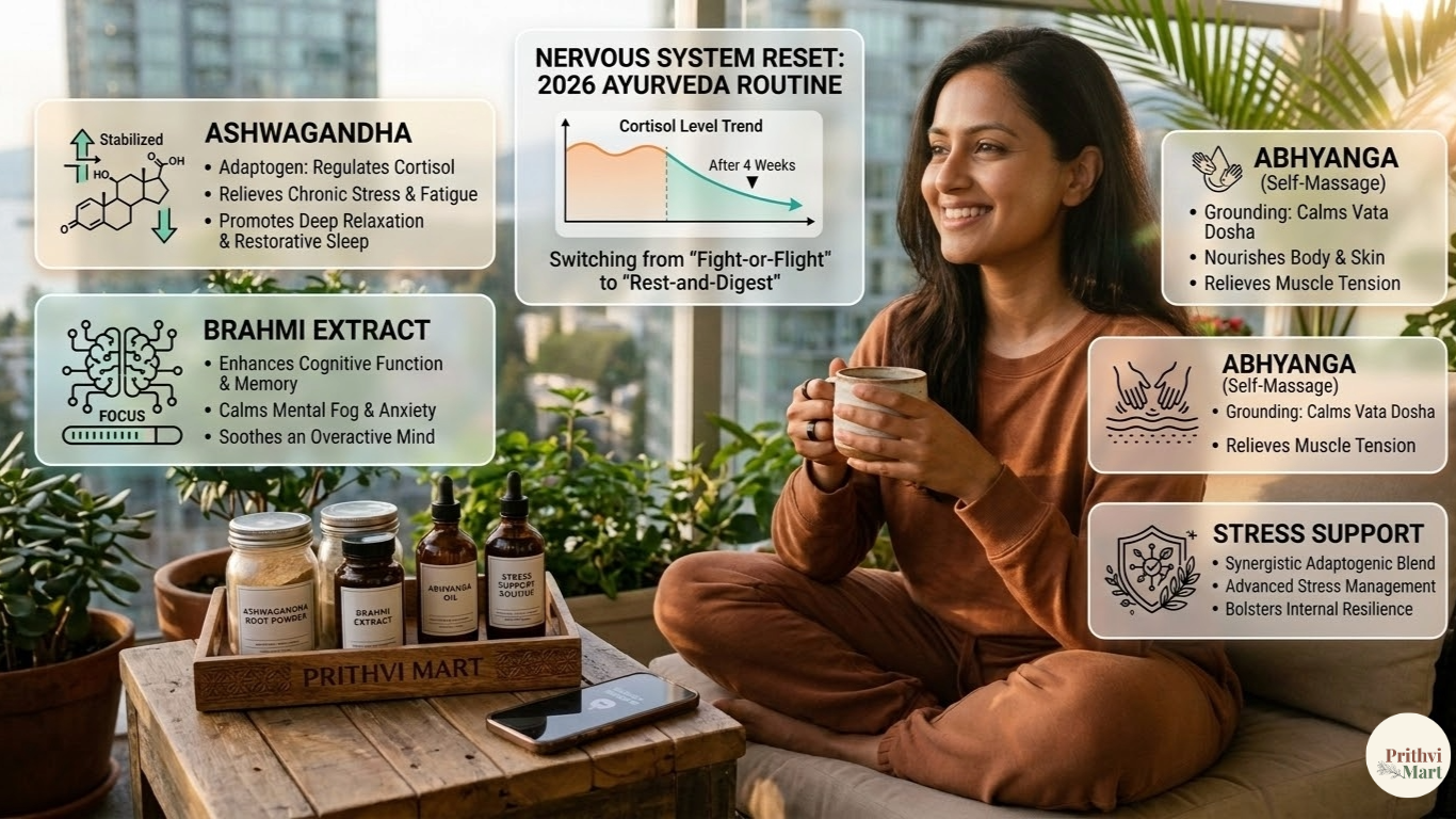 A smiling woman relaxing with a warm drink beside a Prithvi Mart tray of Ayurvedic supplements. Infographic overlays detail how Ashwagandha, Brahmi, and Abhyanga oil support a 2026 nervous system reset and lower cortisol levels