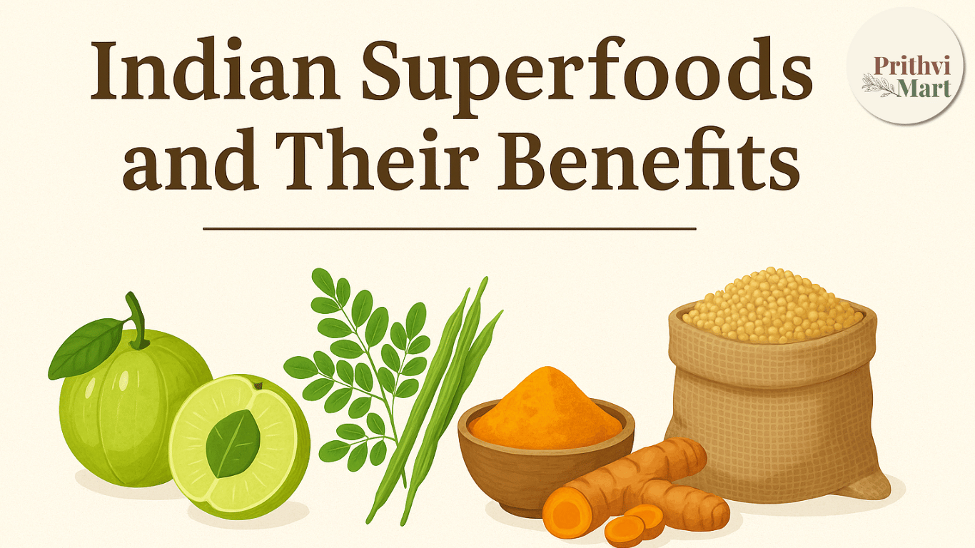 Illustrated banner showing Indian superfoods with the title “Indian Superfoods and Their Benefits” and drawings of amla, moringa leaves and pods, turmeric powder with roots, and a sack of millets on a beige background