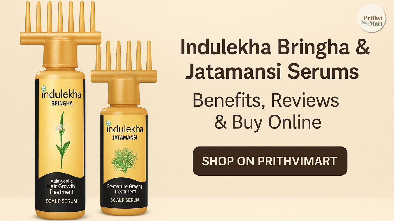 Indulekha Bringha and Jatamansi scalp serum bottles on a beige background with headline ‘Indulekha Bringha & Jatamansi Serums – Benefits, Reviews & Buy Online’ and a ‘Shop on PrithviMart’ button.