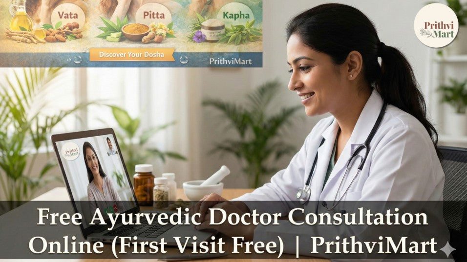 A female Ayurvedic doctor smiles while conducting an online video consultation with a patient on a laptop, with text overlay "Free Ayurvedic Doctor Consultation Online (First Visit Free) | PrithviMart.