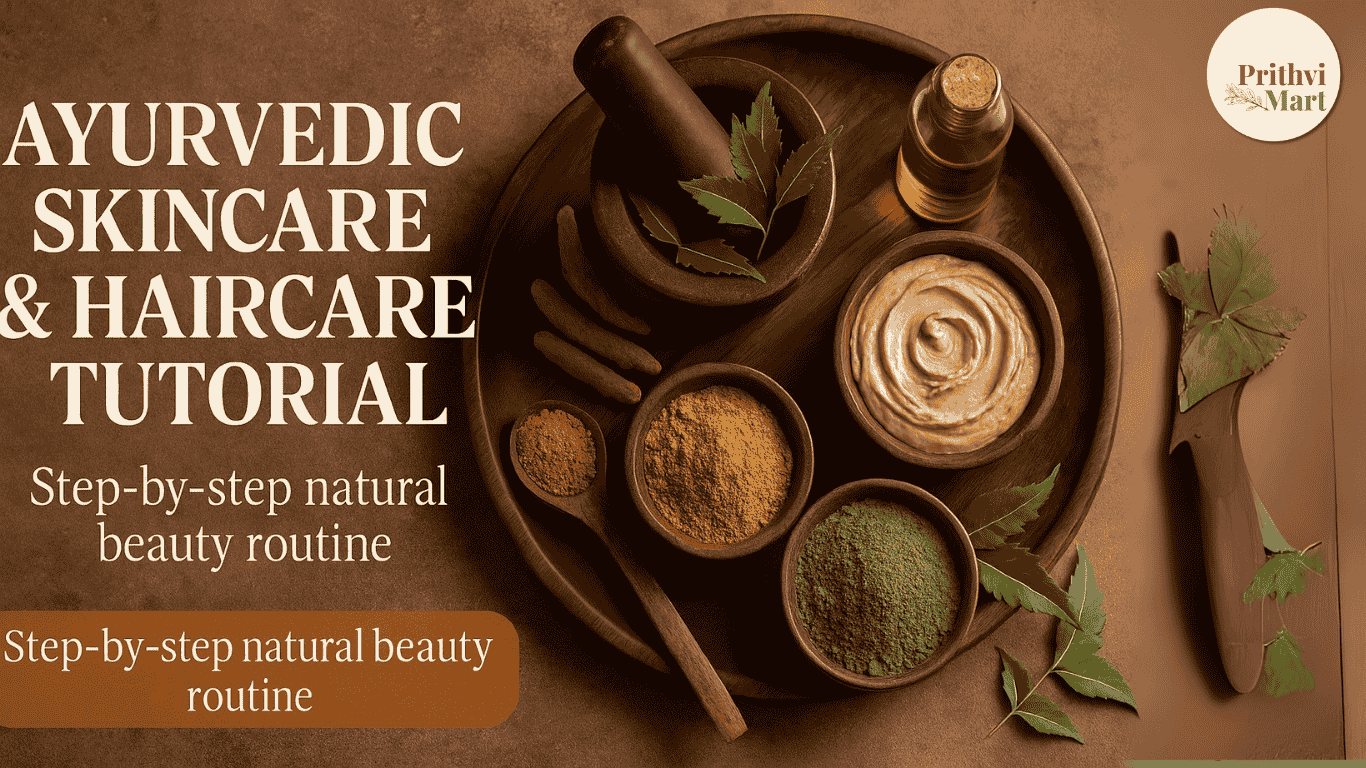 A picture of Wooden tray with Ayurvedic skincare items (mortar & pestle, neem leaves, turmeric, sandalwood