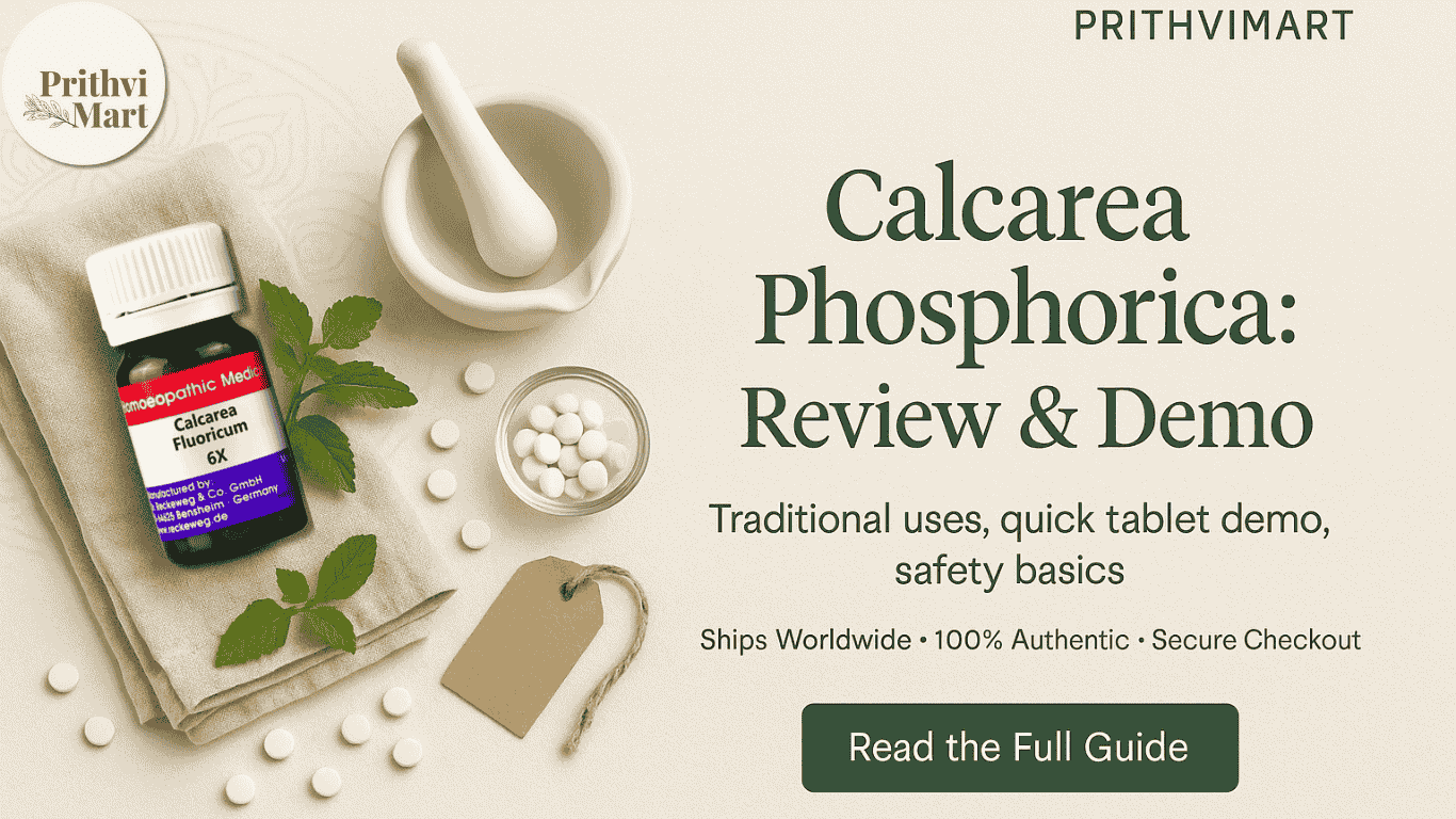 Premium PrithviMart blog hero: flat-lay of Calcarea Phosphorica homeopathic tablets, small vial, and mortar-and-pestle on handmade paper texture; right panel reads “Calcarea Phosphorica: Review & Demo,” with trust ticks and CTA