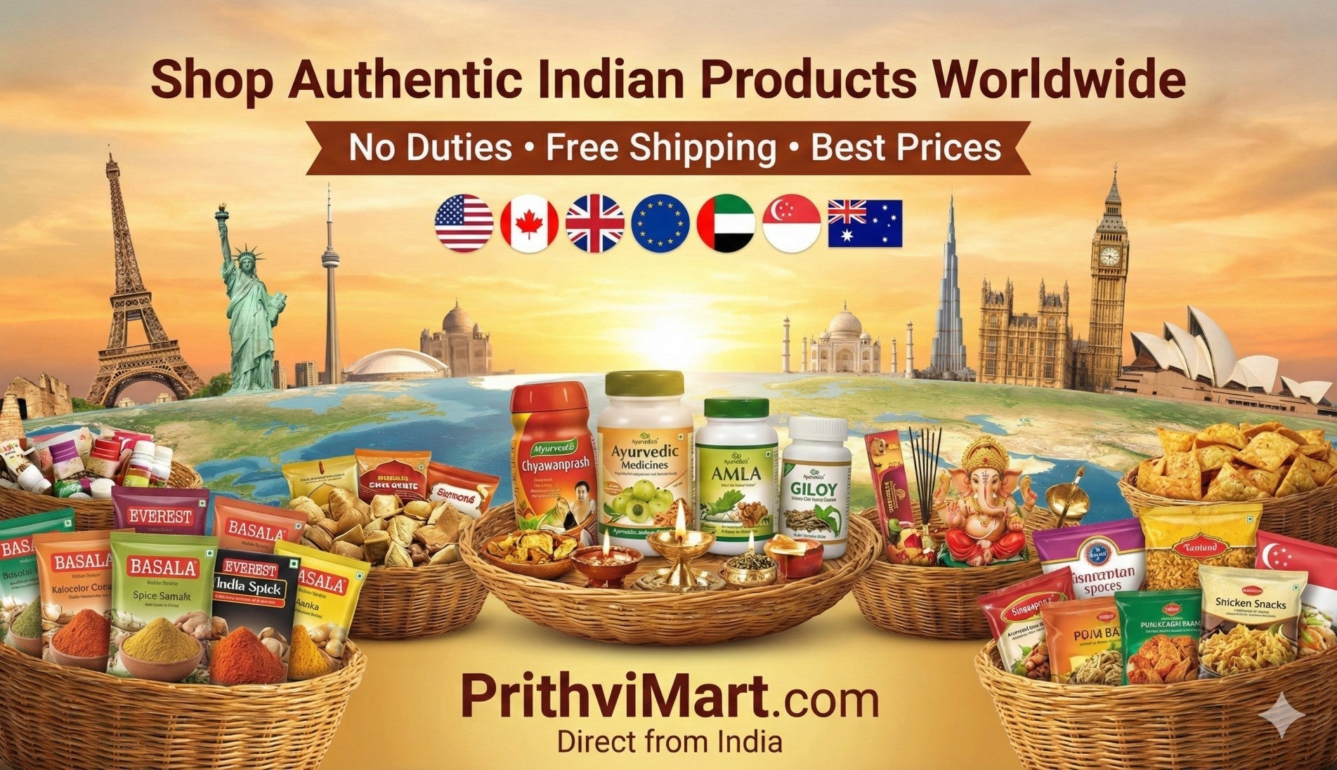 Promotional banner for PrithviMart.com featuring authentic Indian groceries, spices, and Ayurvedic products with global landmarks and flags, highlighting "Free Shipping" and "No Duties