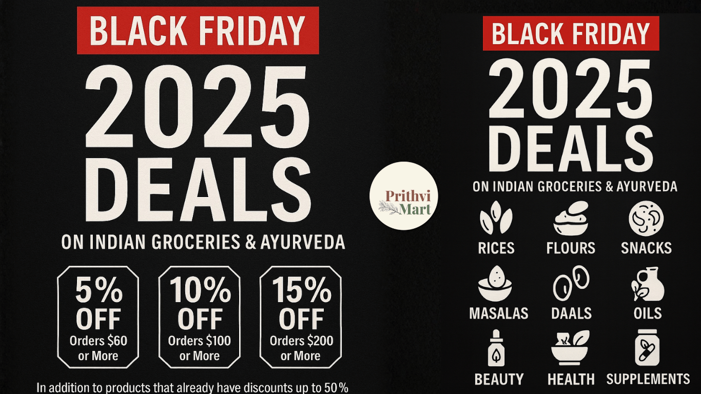 PrithviMart Black Friday 2025 banner showing extra 5–15% off offers and icons for Indian groceries, Ayurveda, beauty, health and supplements