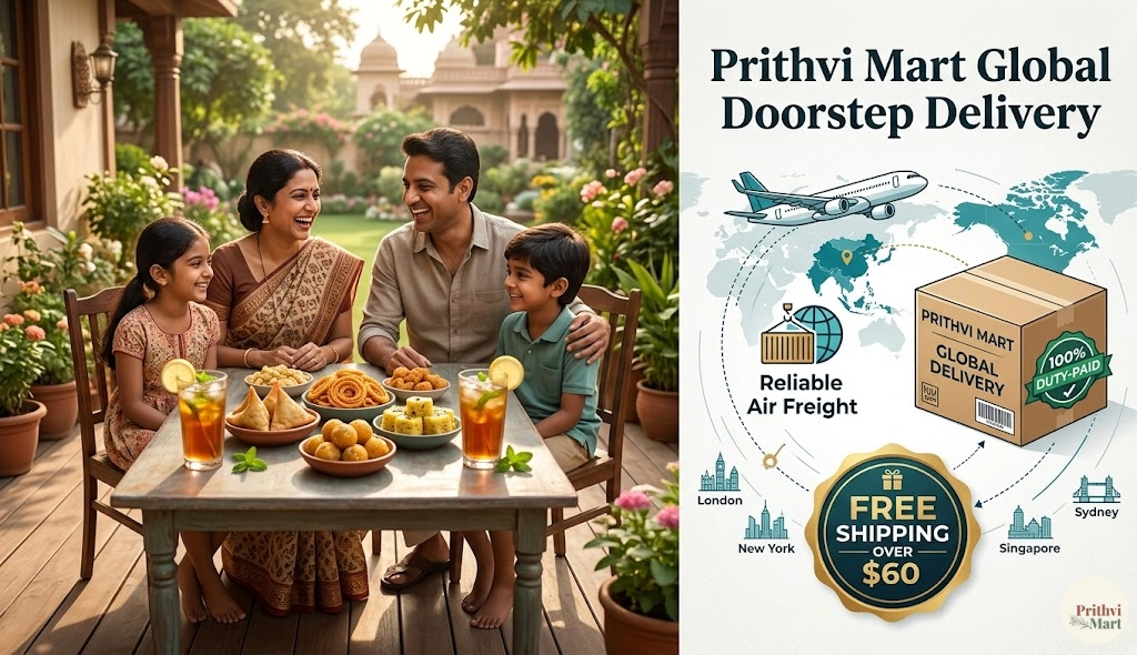 Indian family enjoying summer snacks next to a Prithvi Mart global duty-free shipping infographic.