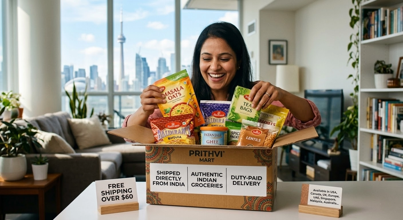 A smiling woman in a high-rise apartment unpacking a Prithvi Mart delivery box filled with authentic Indian groceries, snacks, and pantry staples.