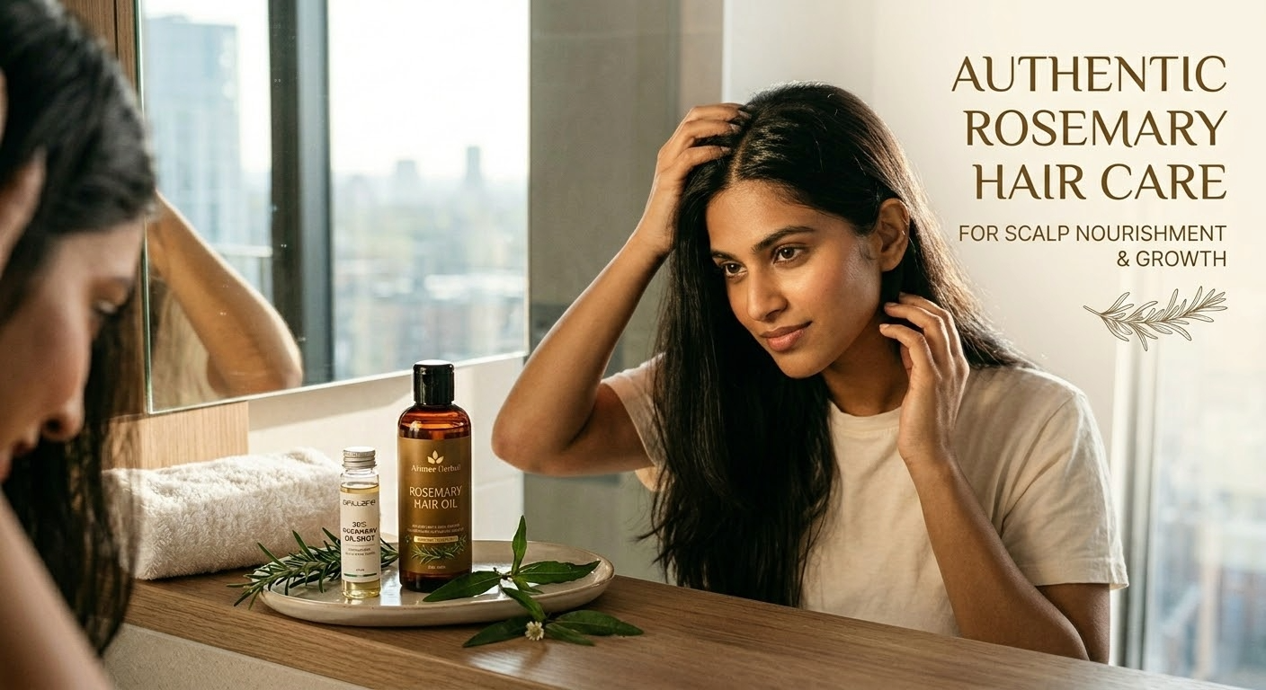 Woman using rosemary hair oil in front of a bathroom mirror with text AUTHENTIC ROSEMARY HAIR CARE with the subtitle FOR SCALP NOURISHMENT & GROWTH