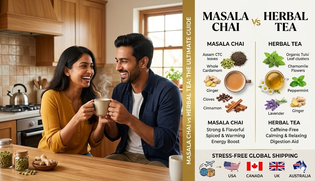A South Asian couple enjoying hot masala chai next to an infographic guide comparing traditional spiced tea and herbal options.