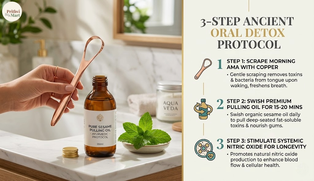 Prithvi Mart pure copper tongue cleaner and premium sesame pulling oil bottle with a clean 3-step oral hygiene infographic guide.