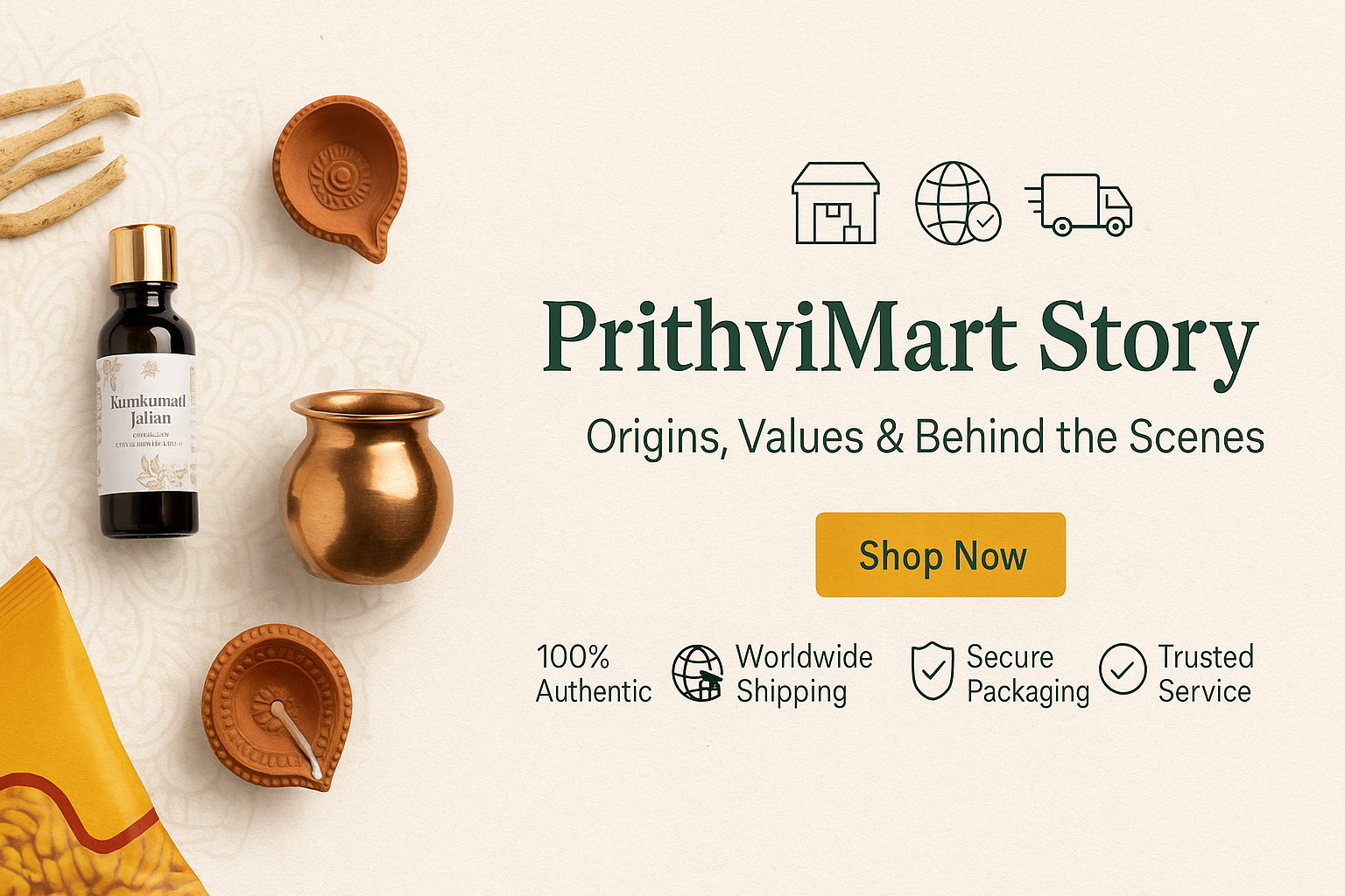 PrithviMart company story banner with Indian products and Shop Now button