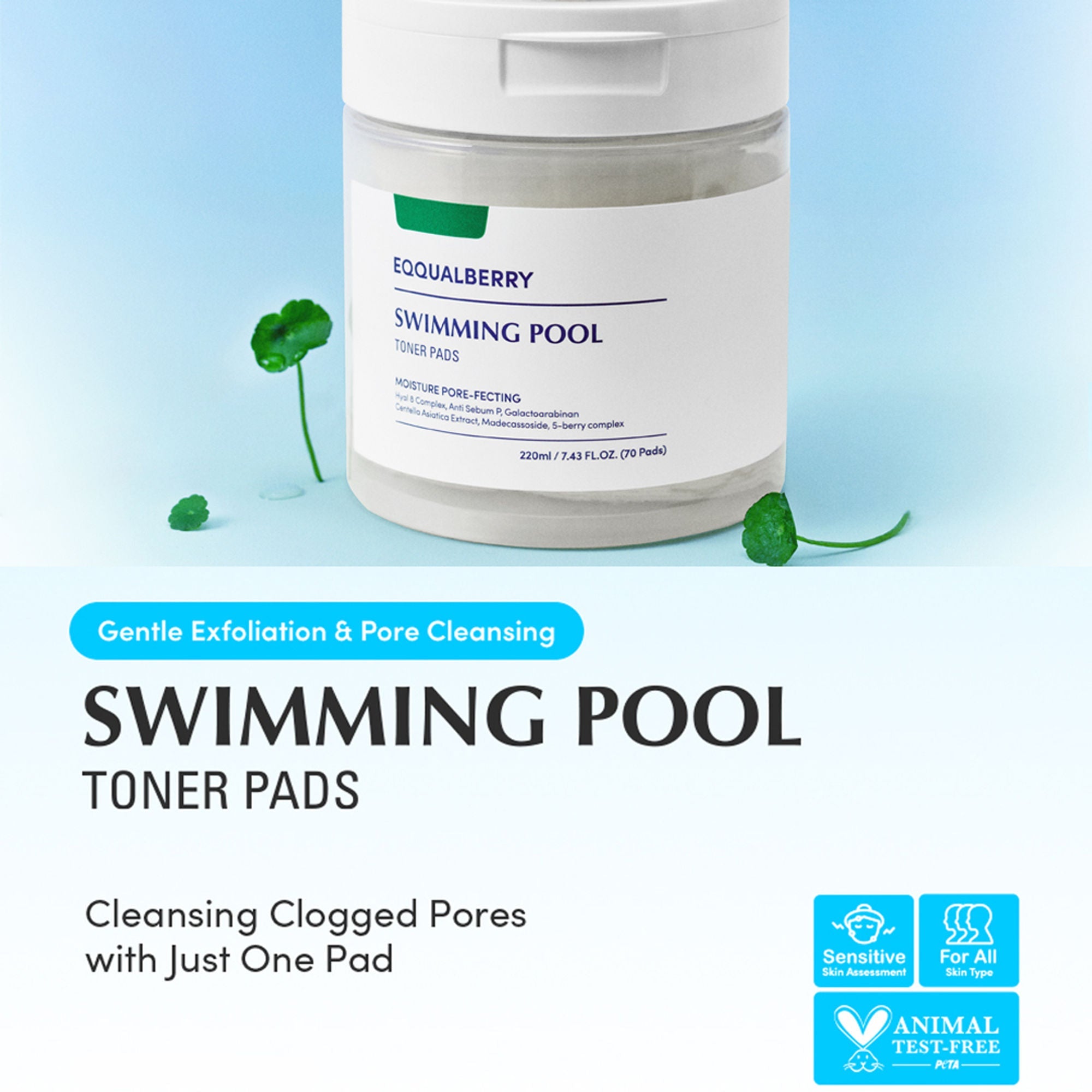 Eqqualberry Swimming Pool Toner Pads 30pcs – Dual-Textured Pads for Pore Care & Gentle Exfoliation