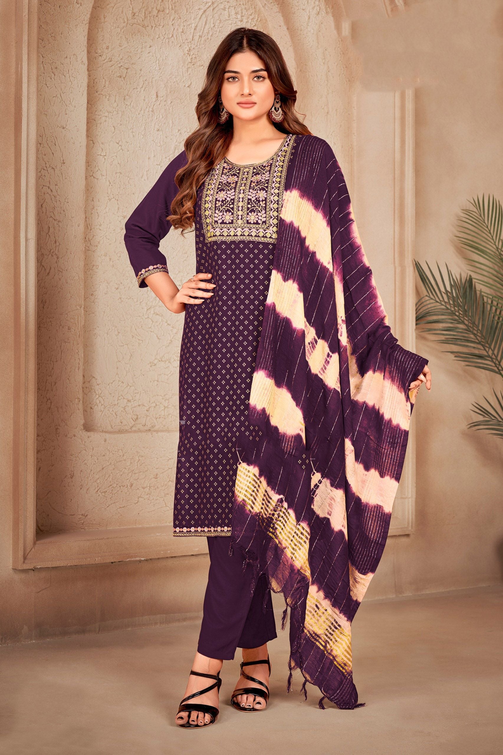 Aastha fashion Purple Dupatta with multi color kurti pant fabric 14kg Rayon