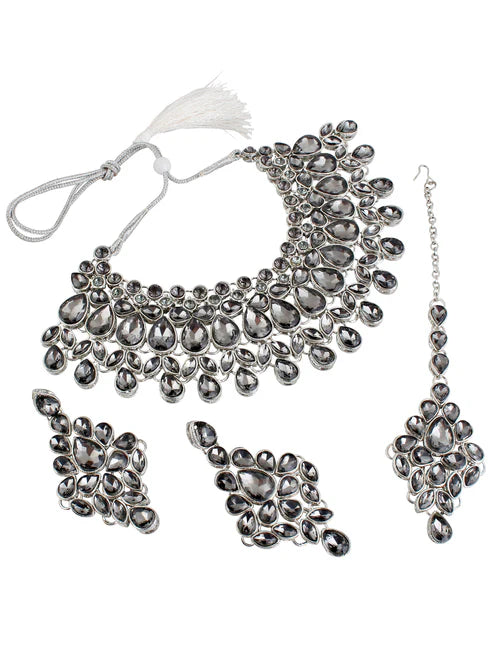 Tehzeeb Creation Platinum Plated Silver Polish Stone Mini Bridal Choker Set for Women & Girls THZ386