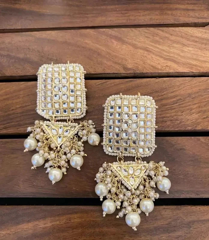 Tehzeeb Creation Jewellery Gold Tone Jadau Kundan & Pearls Large Drop Earrings for Women & Girls THZ116