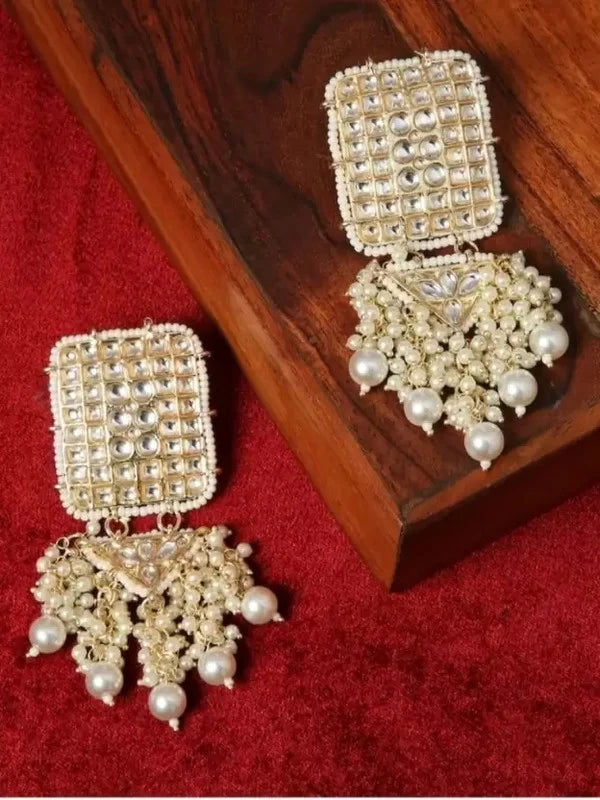 Tehzeeb Creation Jewellery Gold Tone Jadau Kundan & Pearls Large Drop Earrings for Women & Girls THZ116