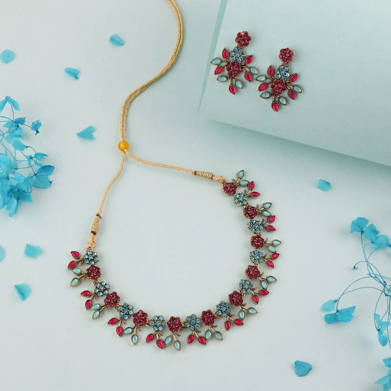 Tehzeeb Creation Brass Gold-plated Gold, Pink, Blue Jewel Set THZ120