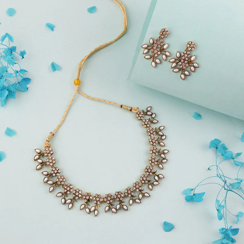 Tehzeeb Creation White Colour Pack of 1 Gold Plated Choker Necklace set With Earring for Women & Girls THZ126