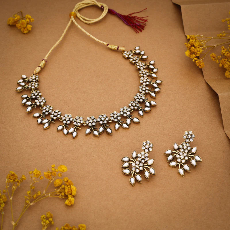 Tehzeeb Creation White Colour Pack of 1 Gold Plated Choker Necklace set With Earring for Women & Girls THZ126