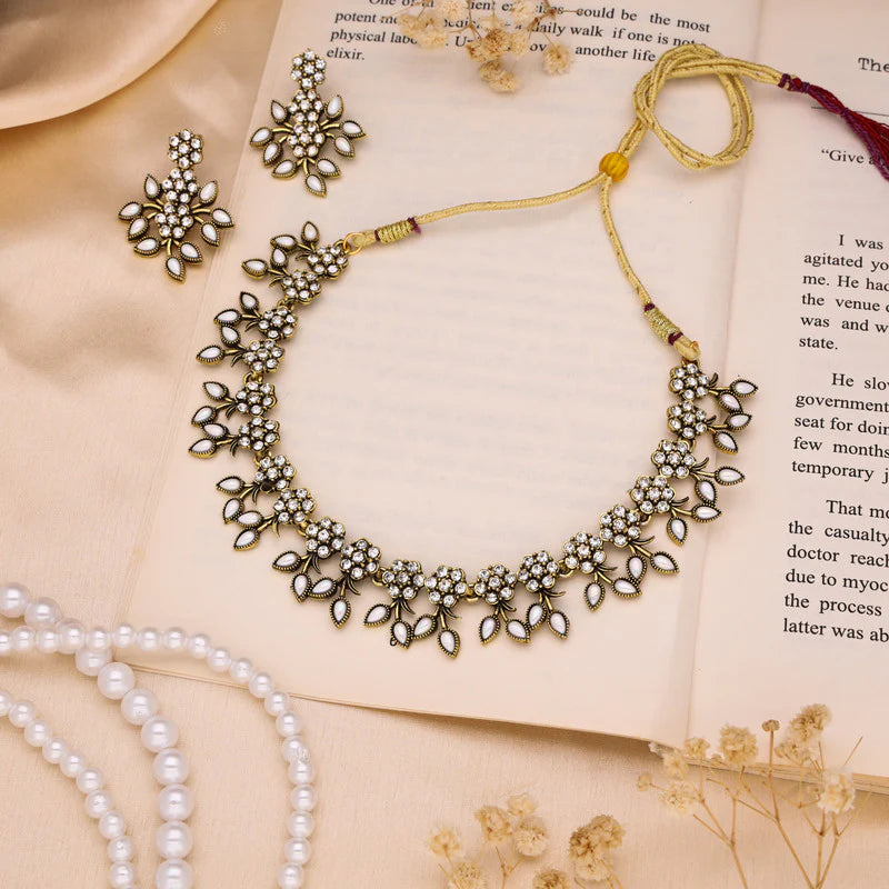 Tehzeeb Creation White Colour Pack of 1 Gold Plated Choker Necklace set With Earring for Women & Girls THZ126