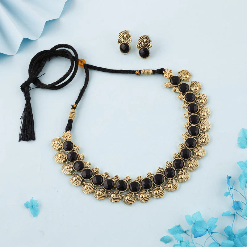 Tehzeeb Creation Black Colour Gold Plated Stone Jewellery Choker Necklace set with Matching Pair of stud Earrings THZ133