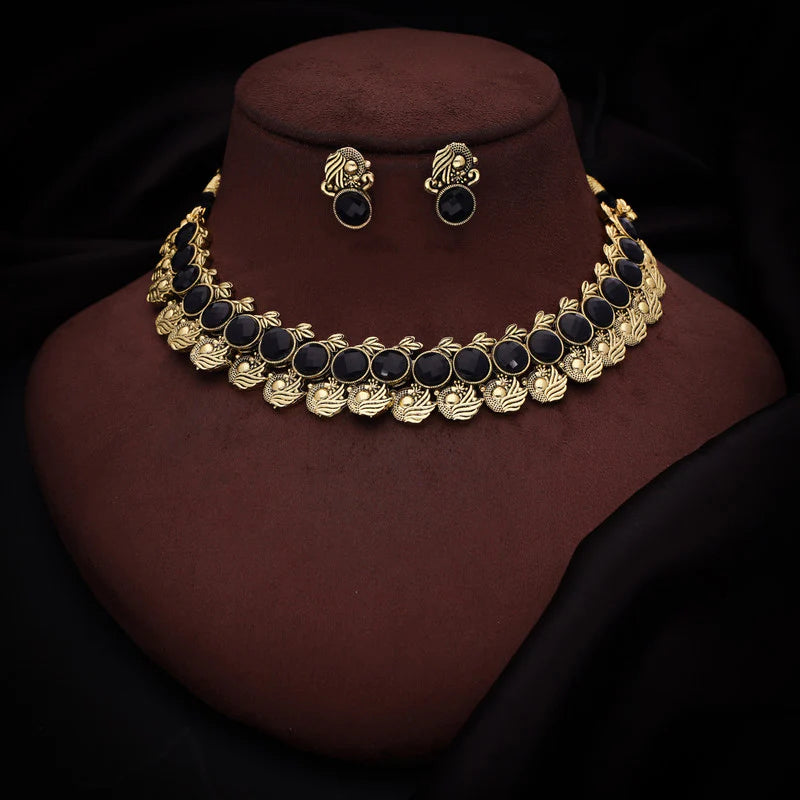 Tehzeeb Creation Black Colour Gold Plated Stone Jewellery Choker Necklace set with Matching Pair of stud Earrings THZ133