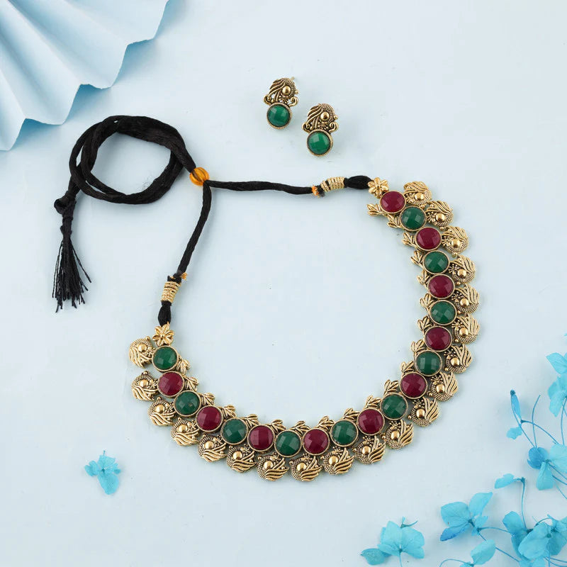 Tehzeeb Creation Green and maroon Colour Gold Plated Stone Jewellery Choker Necklace set with Matching Pair of stud Earrings THZ136