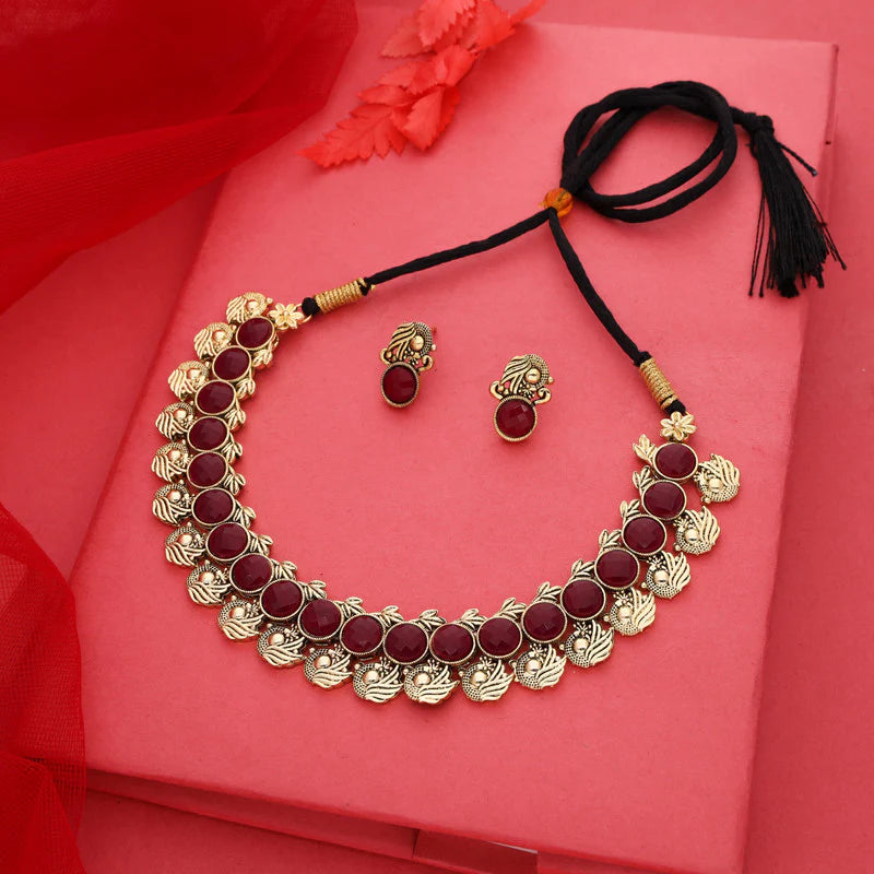 Tehzeeb Creation Maroon Colour Gold Plated Stone Jewellery Choker Necklace set with Matching Pair of stud Earrings THZ137