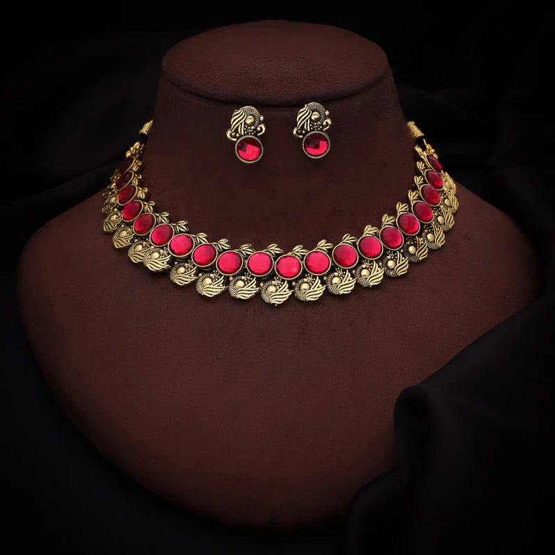 Tehzeeb Creation Pink Colour Gold Plated Stone Jewellery Choker Necklace set with Matching Pair of stud Earrings THZ138