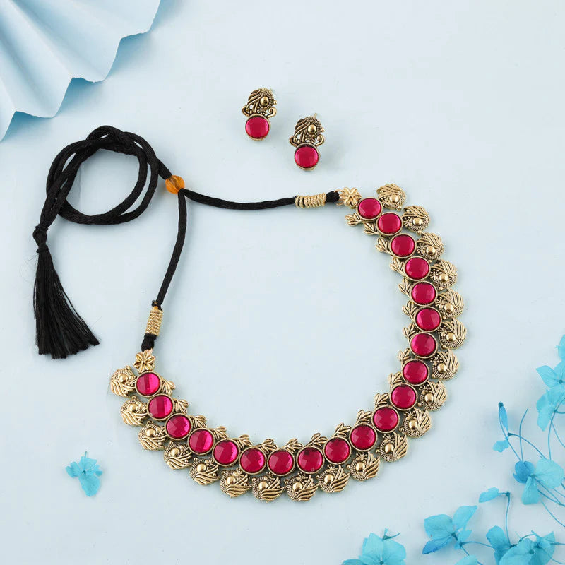 Tehzeeb Creation Pink Colour Gold Plated Stone Jewellery Choker Necklace set with Matching Pair of stud Earrings THZ138