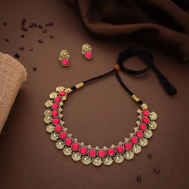 Tehzeeb Creation Pink Colour Gold Plated Stone Jewellery Choker Necklace set with Matching Pair of stud Earrings THZ138