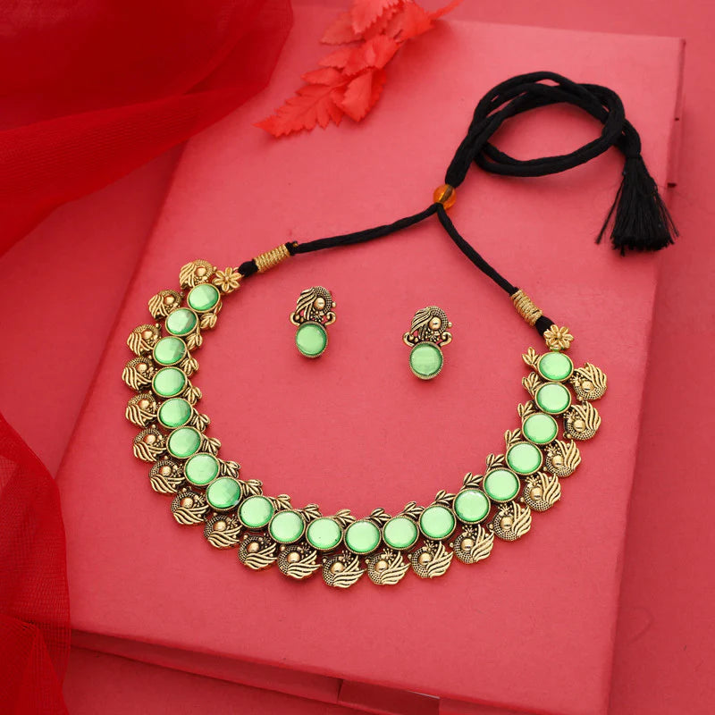 Tehzeeb Creations Sea Green Colour Gold Plated Stone Jewellery Choker Necklace Set With Matching Pair of Stud Earrings