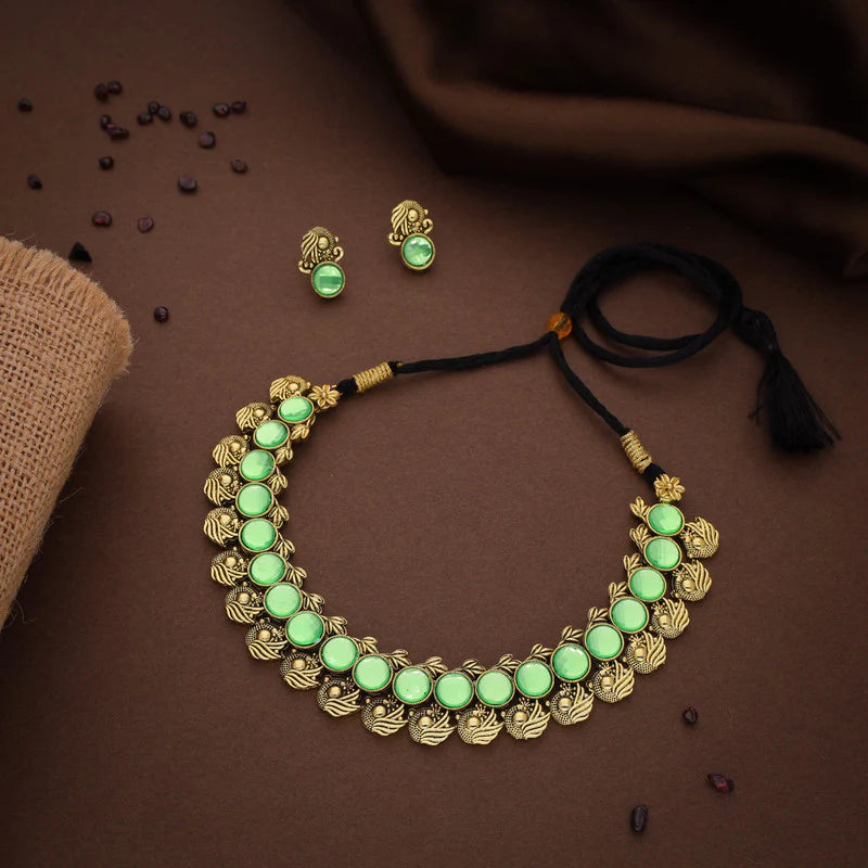 Tehzeeb Creation Sea Green Colour Gold Plated Stone Jewellery Choker Necklace set with Matching Pair of stud Earrings THZ139