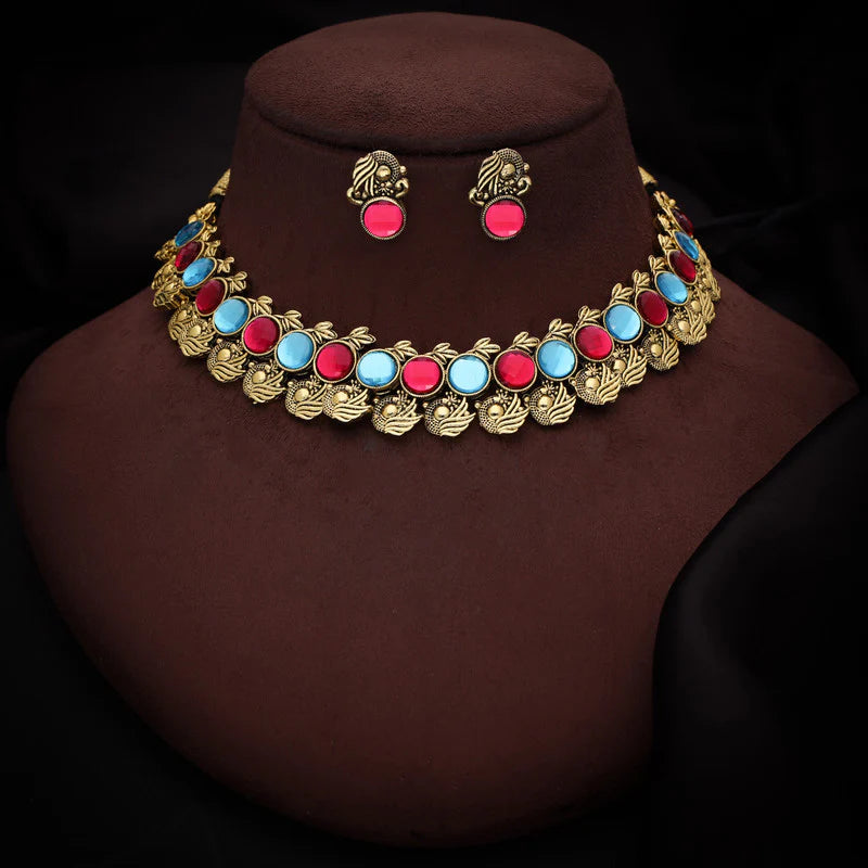 Tehzeeb Creation Sky Blue & Pink Colour Gold Plated Stone Jewellery Choker Necklace set with Matching Pair of stud Earrings THZ140