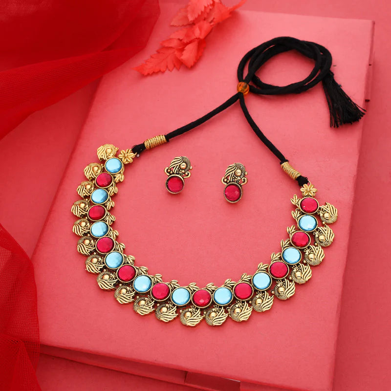 Tehzeeb Creation Sky Blue Colour Gold Plated Stone Jewellery Choker Necklace set with Matching Pair of stud Earrings THZ141