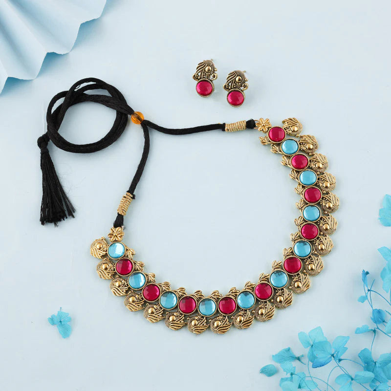 Tehzeeb Creation Sky Blue & Pink Colour Gold Plated Stone Jewellery Choker Necklace set with Matching Pair of stud Earrings THZ140