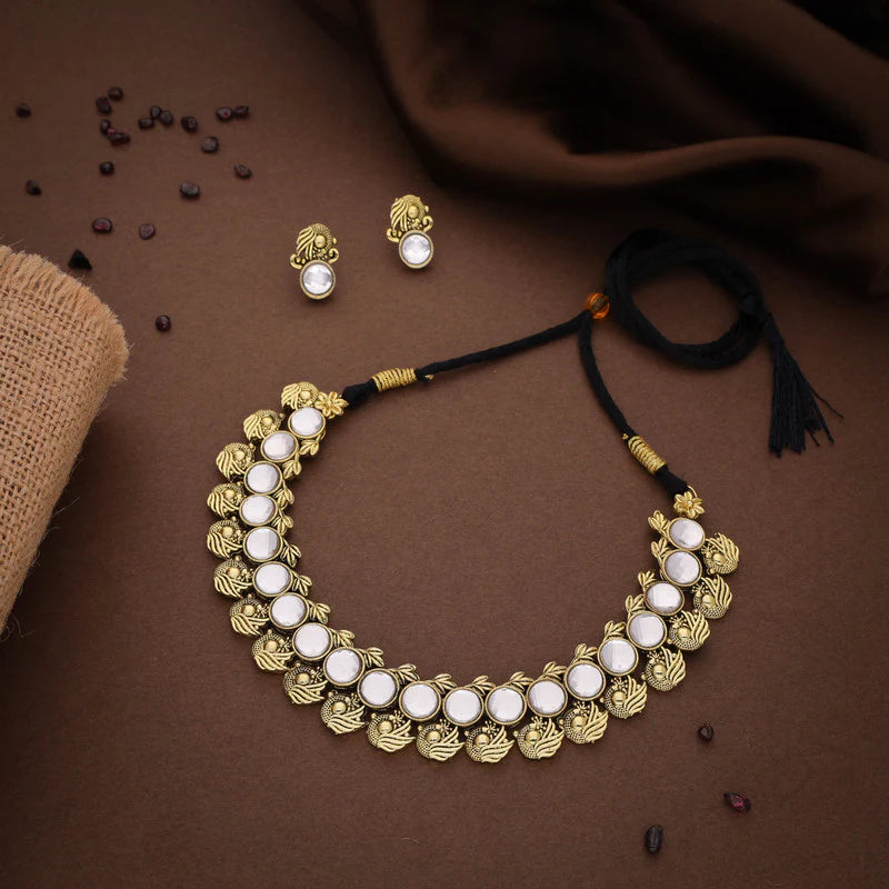 Tehzeeb Creation White Colour Gold Plated Stone Jewellery Choker Necklace set with Matching Pair of stud Earrings THZ142