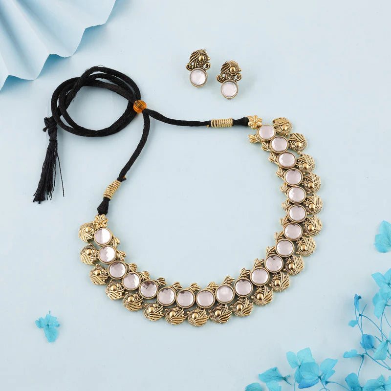 Tehzeeb Creation White Colour Gold Plated Stone Jewellery Choker Necklace set with Matching Pair of stud Earrings THZ142