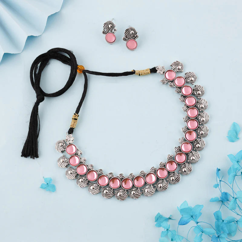 Tehzeeb Creation Silver Plated Pink Colour Stone Jewellery Choker Necklace set with Matching Pair of stud Earrings THZ143