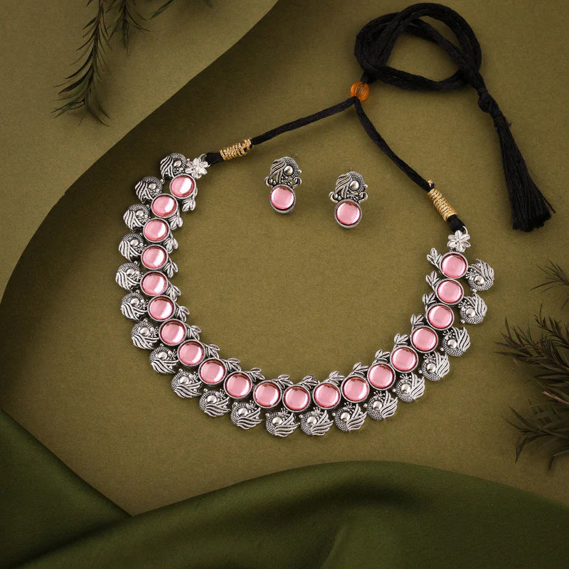 Tehzeeb Creation Silver Plated Pink Colour Stone Jewellery Choker Necklace set with Matching Pair of stud Earrings THZ143