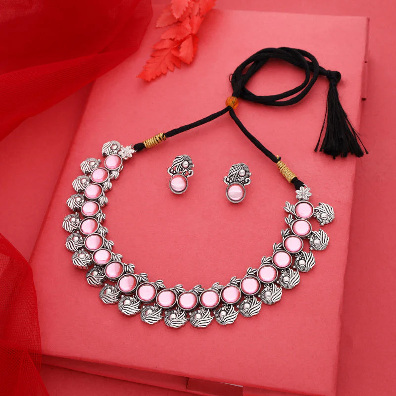 Tehzeeb Creation Silver Plated Pink Colour Stone Jewellery Choker Necklace set with Matching Pair of stud Earrings THZ143