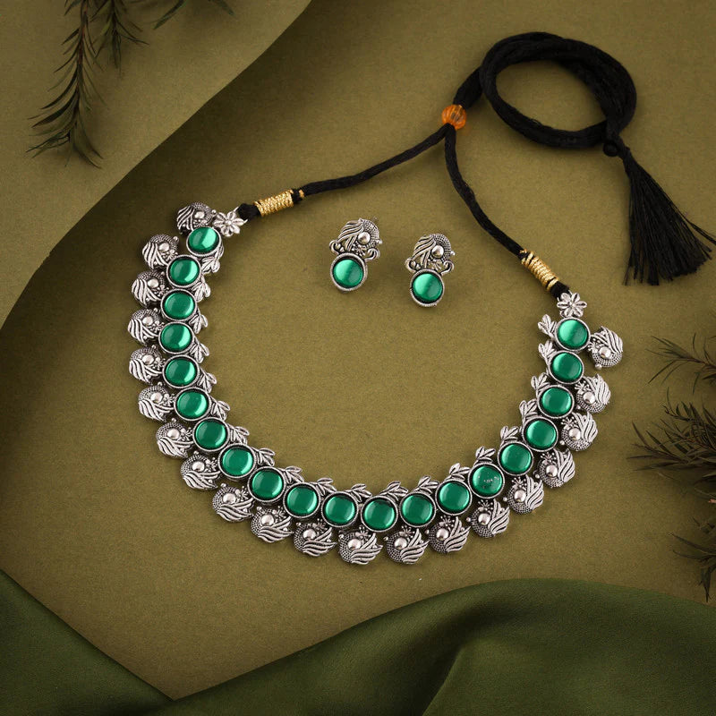 Tehzeeb Creation Silver Plated Green Colour Stone Jewellery Choker Necklace set with Matching Pair of stud Earrings THZ144