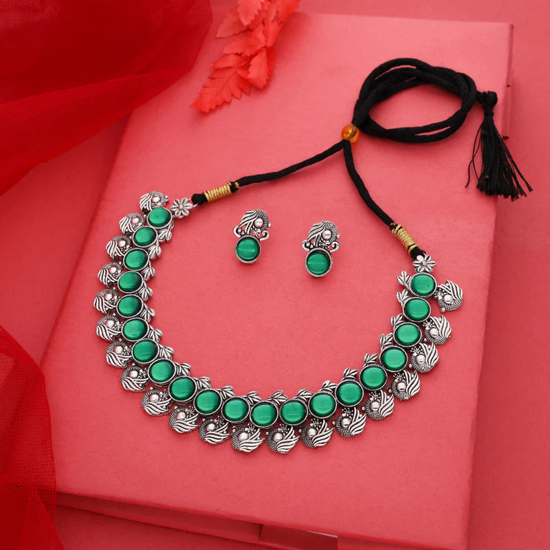 Tehzeeb Creation Silver Plated Green Colour Stone Jewellery Choker Necklace set with Matching Pair of stud Earrings THZ144