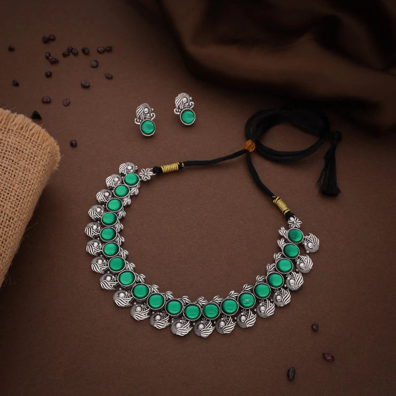 Tehzeeb Creation Silver Plated Green Colour Stone Jewellery Choker Necklace set with Matching Pair of stud Earrings THZ144