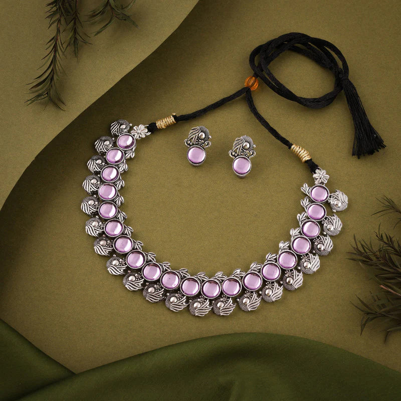 Tehzeeb Creation Silver Plated Lavender Colour Stone Jewellery Choker Necklace set with Matching Pair of stud Earrings THZ145