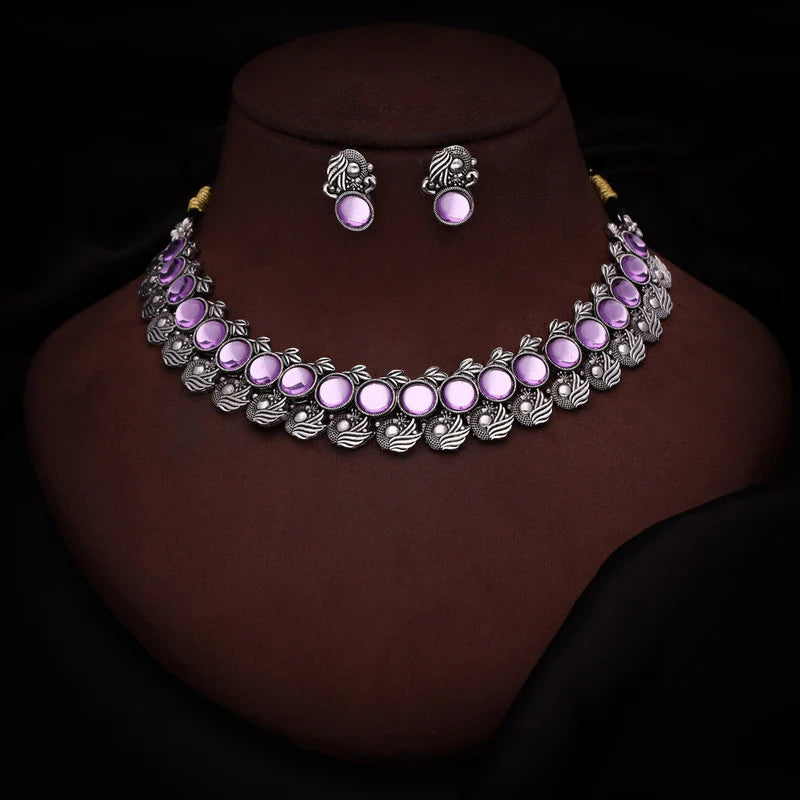 Tehzeeb Creation Silver Plated Lavender Colour Stone Jewellery Choker Necklace set with Matching Pair of stud Earrings THZ145