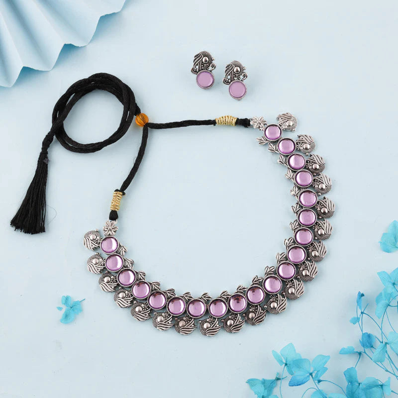 Tehzeeb Creation Silver Plated Lavender Colour Stone Jewellery Choker Necklace set with Matching Pair of stud Earrings THZ145