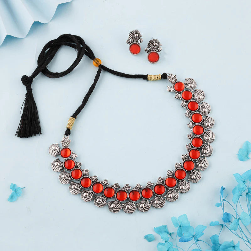 Tehzeeb Creation Silver Plated Orange Colour Stone Jewellery Choker Necklace set with Matching Pair of stud Earrings THZ146