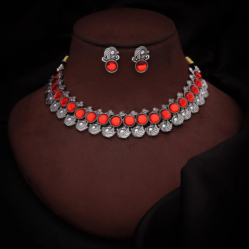 Tehzeeb Creation Silver Plated Orange Colour Stone Jewellery Choker Necklace set with Matching Pair of stud Earrings THZ146