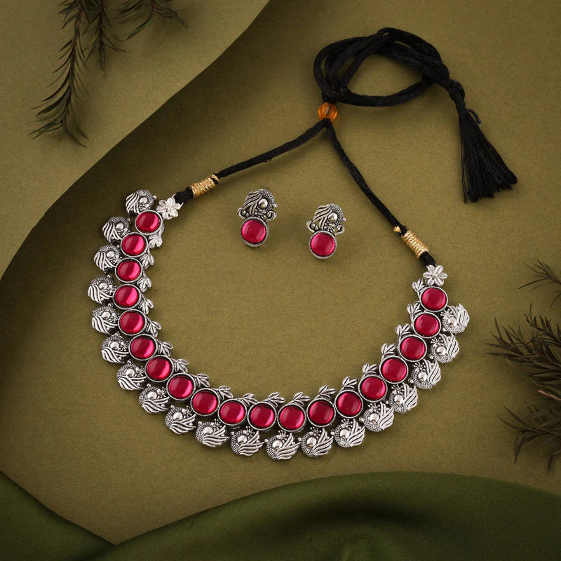 Tehzeeb Creation Silver Plated Pink Colour Stone Jewellery Choker Necklace set with Matching Pair of stud Earrings THZ147