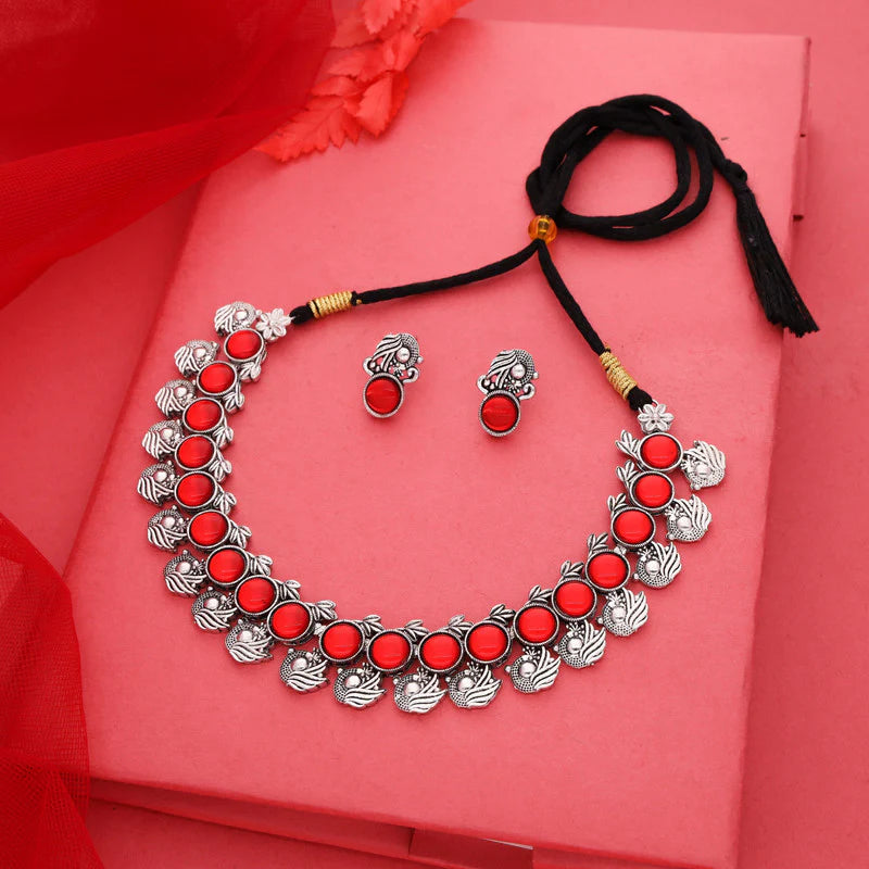 Tehzeeb Creation Silver Plated Red Colour Stone Jewellery Choker Necklace set with Matching Pair of stud Earrings THZ148